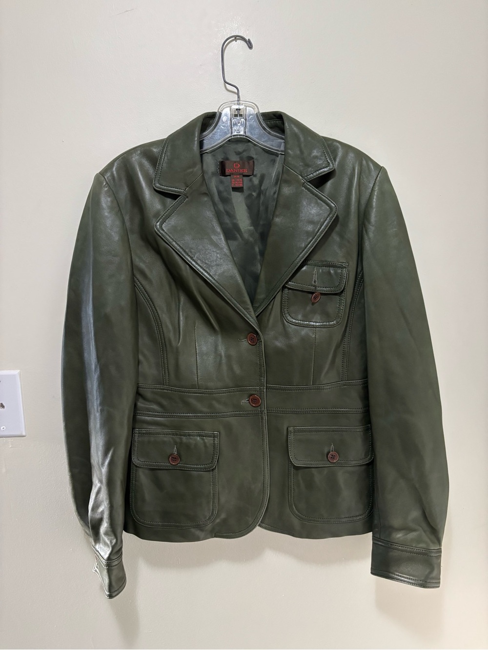 Danier Olive Green Leather Blazer Jacket (Women's Medium / UK 14-16)